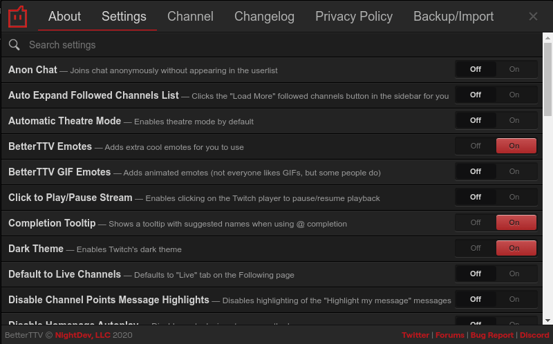 O painel do BetterTTV conta com diversas opções para customizar a Twitch