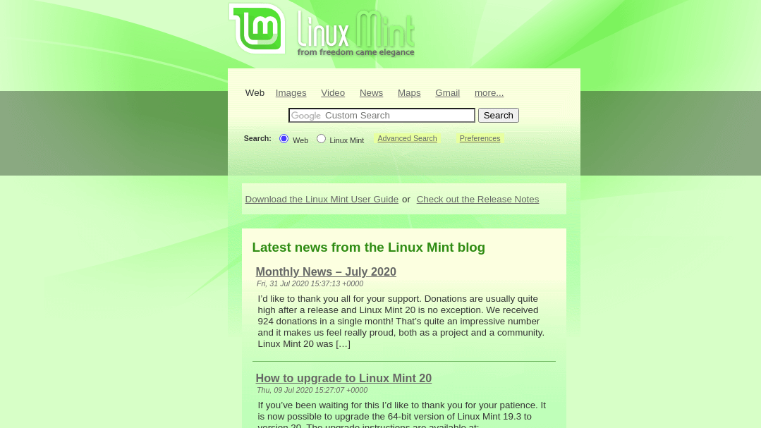 Página inicial do Linux Mint