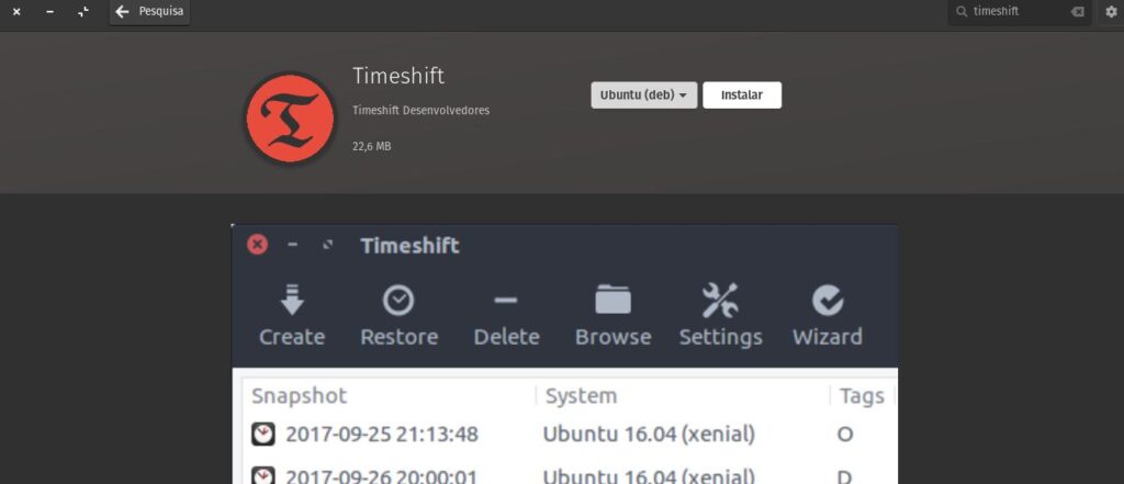 Instalar Configurar timeshift ponto de restauração