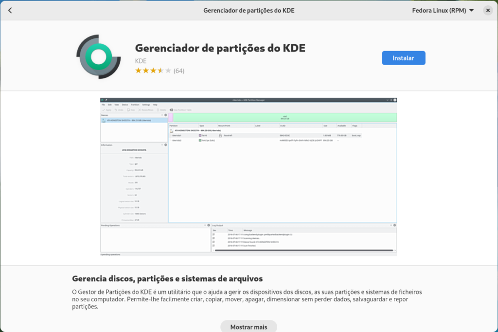 Gerenciador de Partições do KDE gnome software fedora
