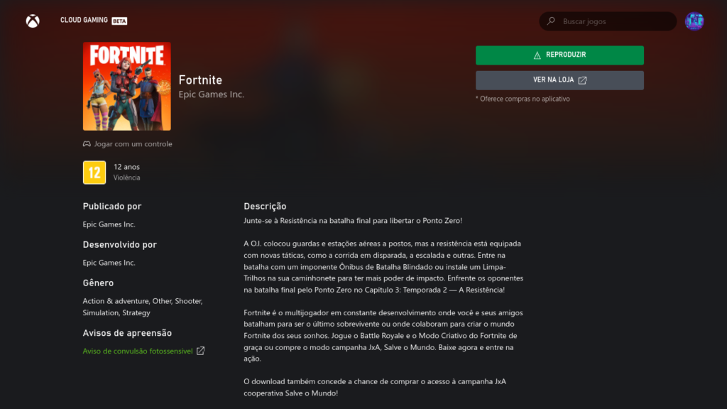 Fortnite disponível em IOS graças ao Xbox Cloud Gaming