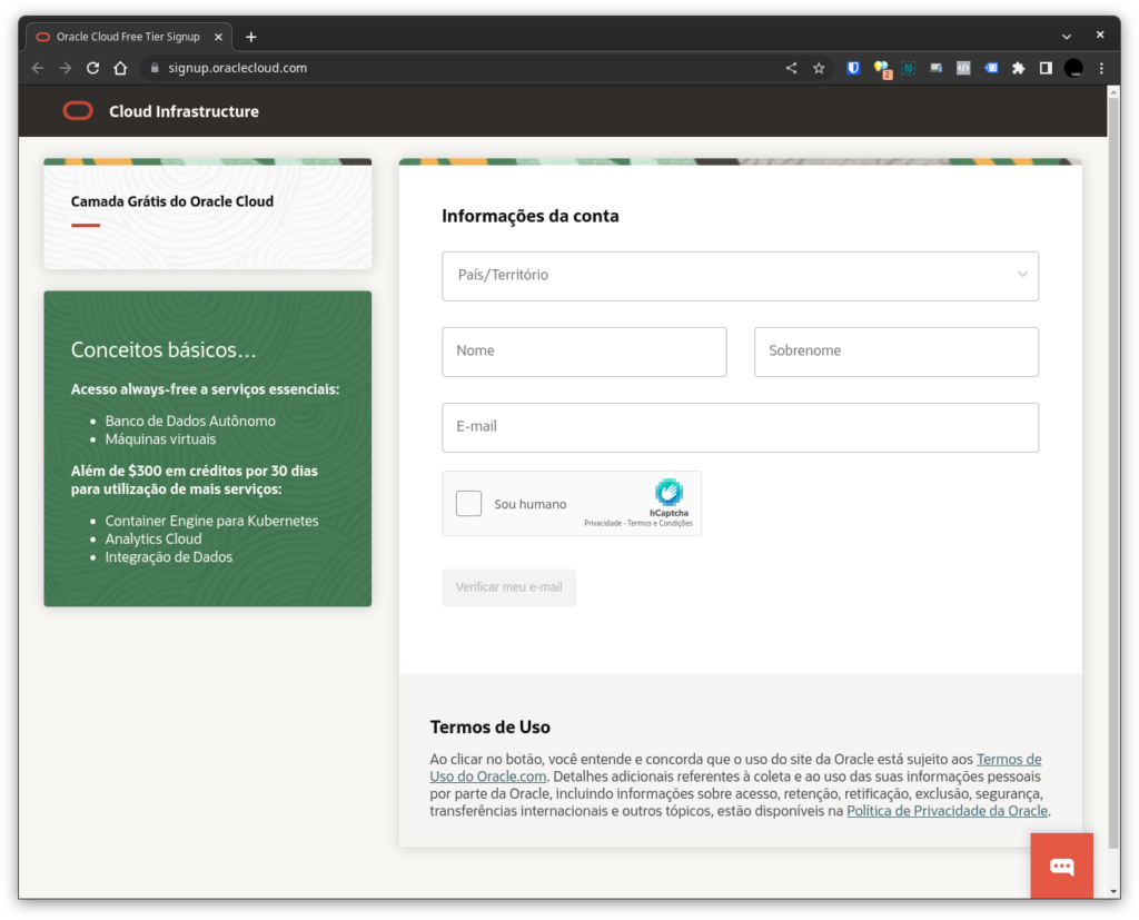 oracle cloud - 01 - criacao de conta