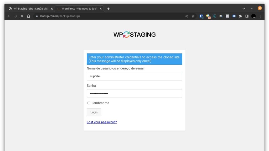 criar um ambiente de testes - wp staging - acessando