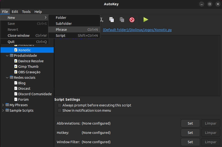 diolinux macros teclado autokey configurar filtro de janela frase