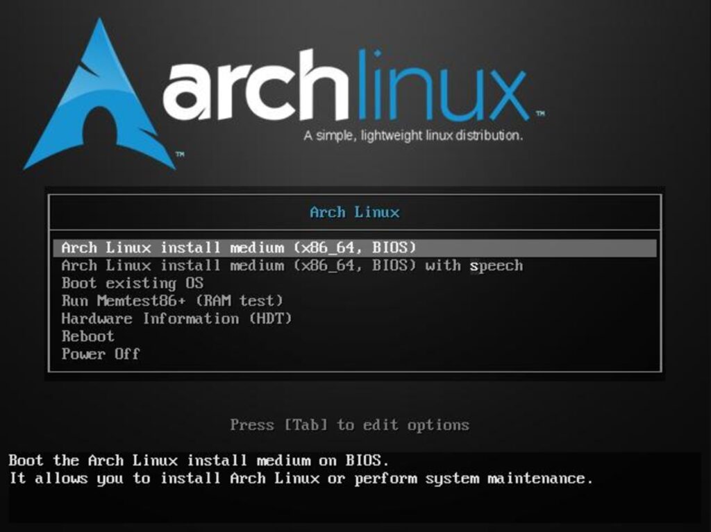 Instalar o Arch Linux — Menu Grub do Archinstall