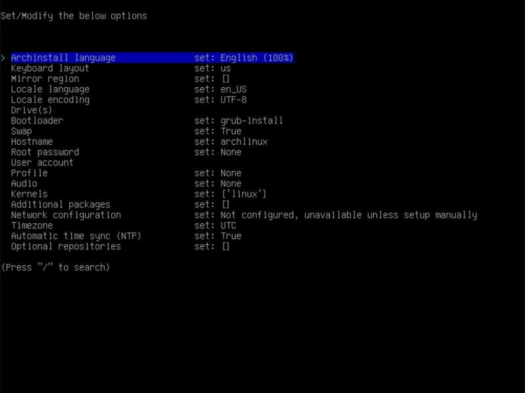 Instalar o Arch Linux — Menu inicial padrão do Archinstall