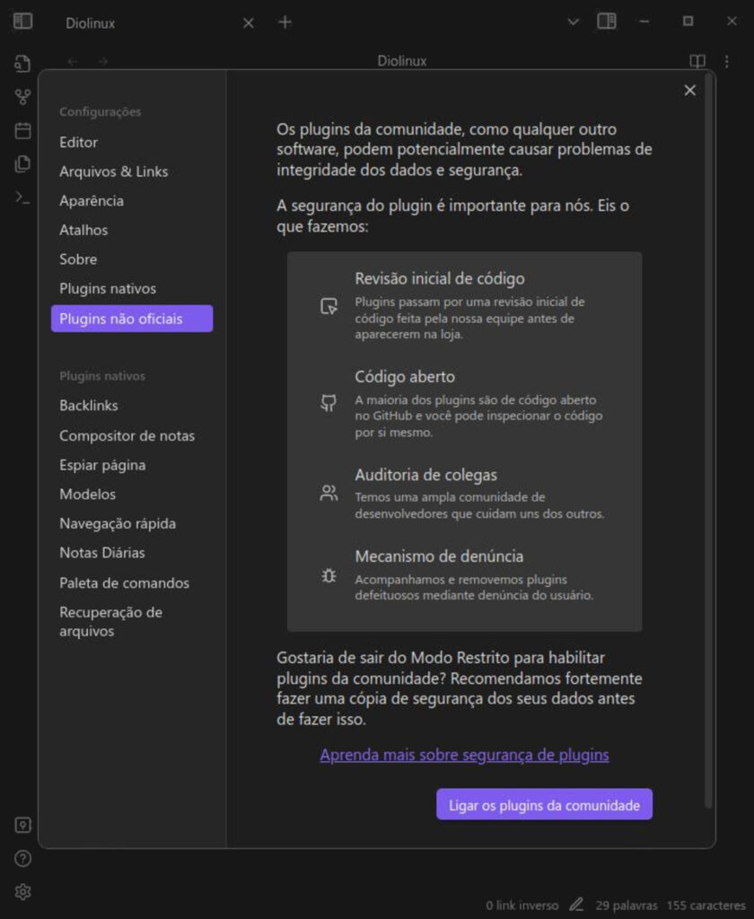 Anotações no Obsidian — Habilitar plugins não oficiais (comunidade)