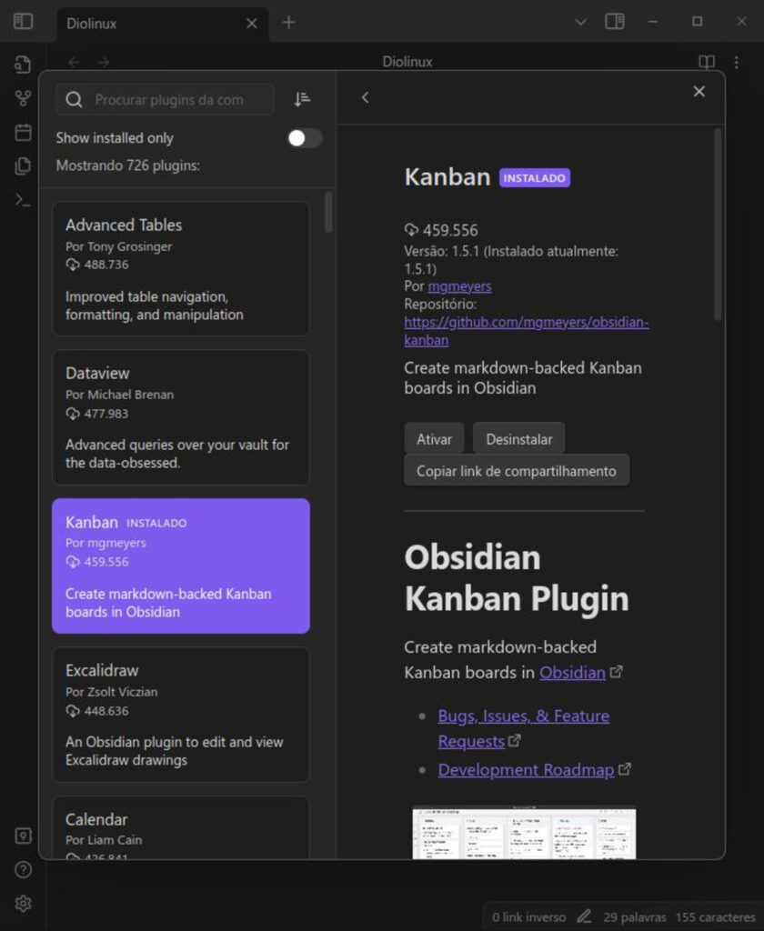 Anotações no Obsidian — Ativar plugin Kanban