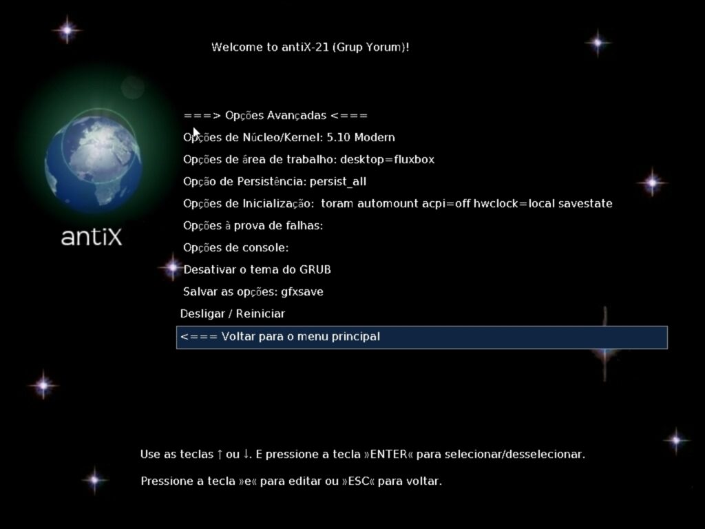 Pendrive do antiX Linux — Menu Principal
