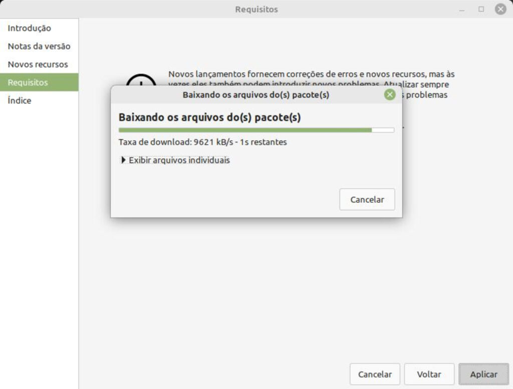 Atualização do Linux Mint 21.1 — Baixando e instalando pacotes