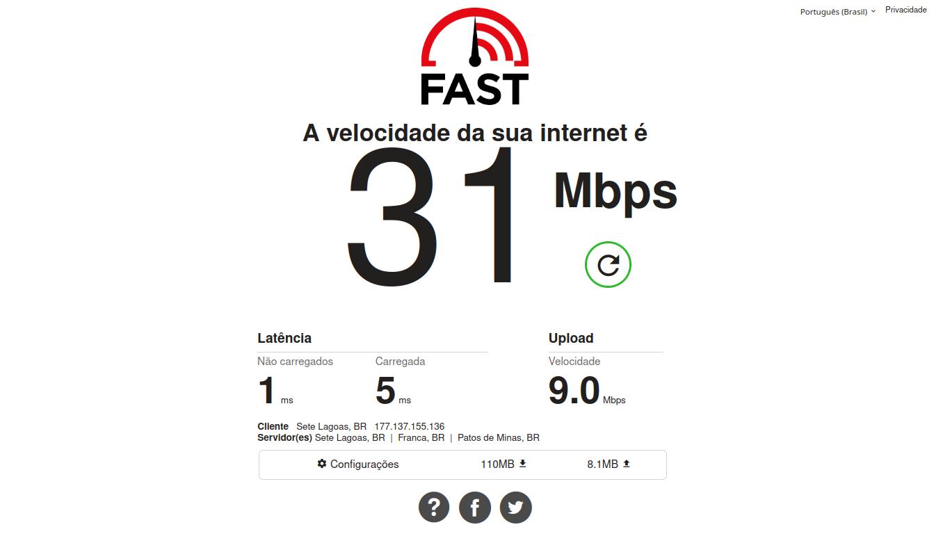 Medidor de teste de velocidade de download e upload da internet