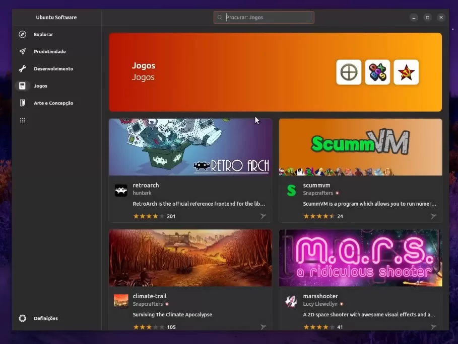 nova loja de aplicativos do Ubuntu, sessão de jogos