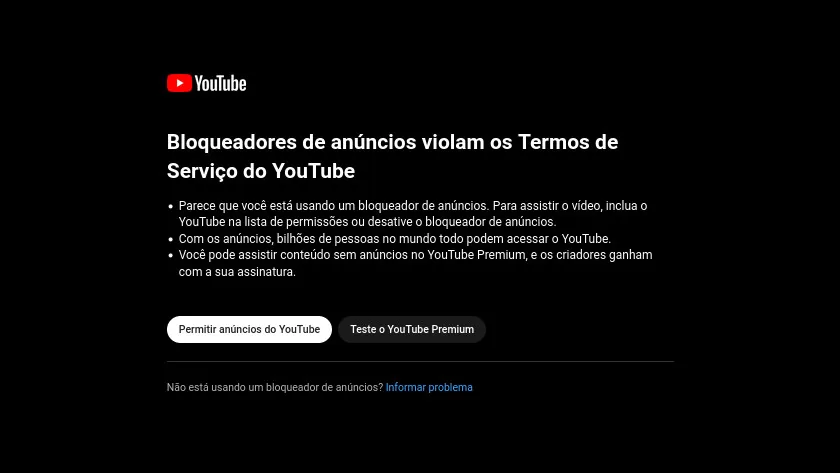 mensagem adblock youtube