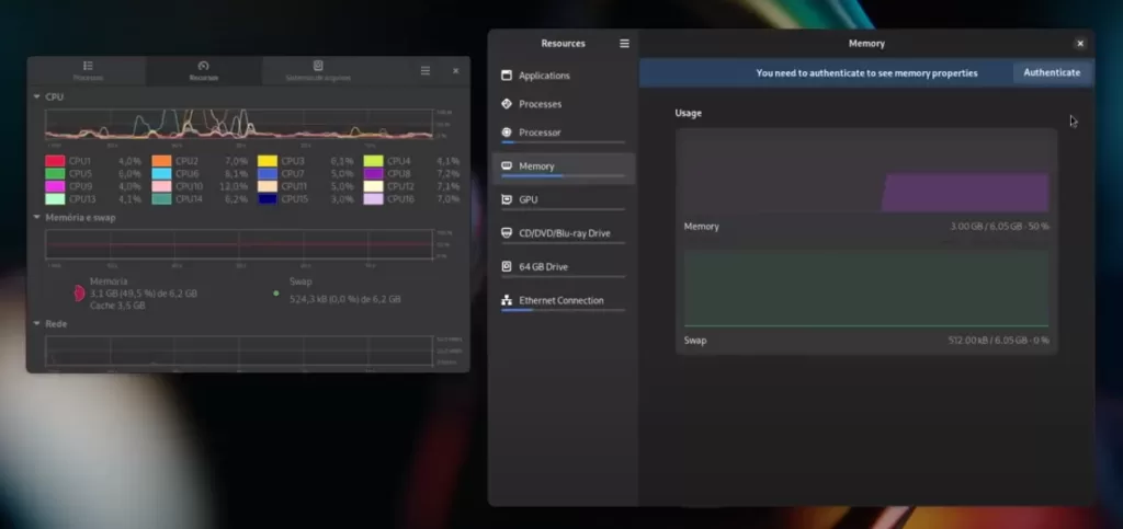 Monitor do sistema do GNOME comparado ao Resources