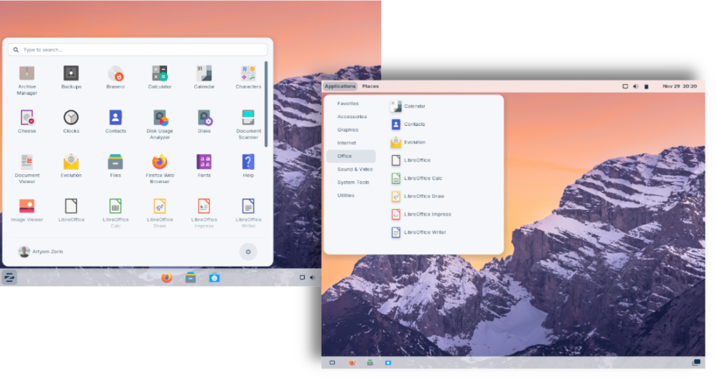 Interfaces baseadas no Chrome OS e Gnome 2 do Zorin OS 17 Pro