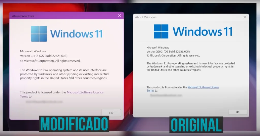 Windows modificado versus original