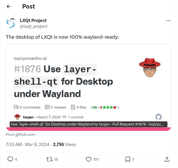 LXQt está totalmente compatível com Wayland 1